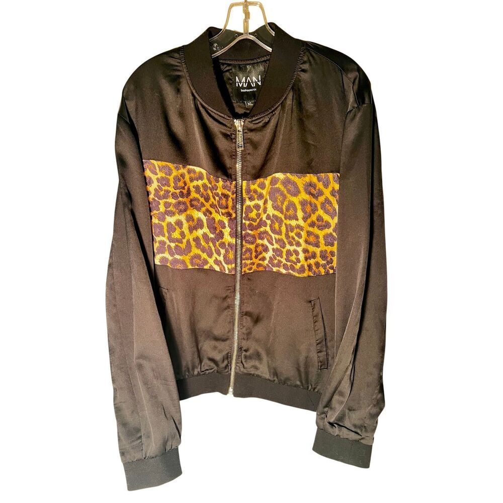 Boohooman Black Bomber Jacket W Horizontal Leopard Print Panel Zip Front Sz XL
